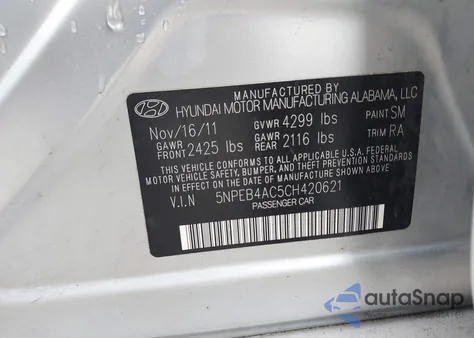 2012 Hyundai Sonata Gls z USA, uszkodzony, nr VIN 5NPEB4AC5CH420621